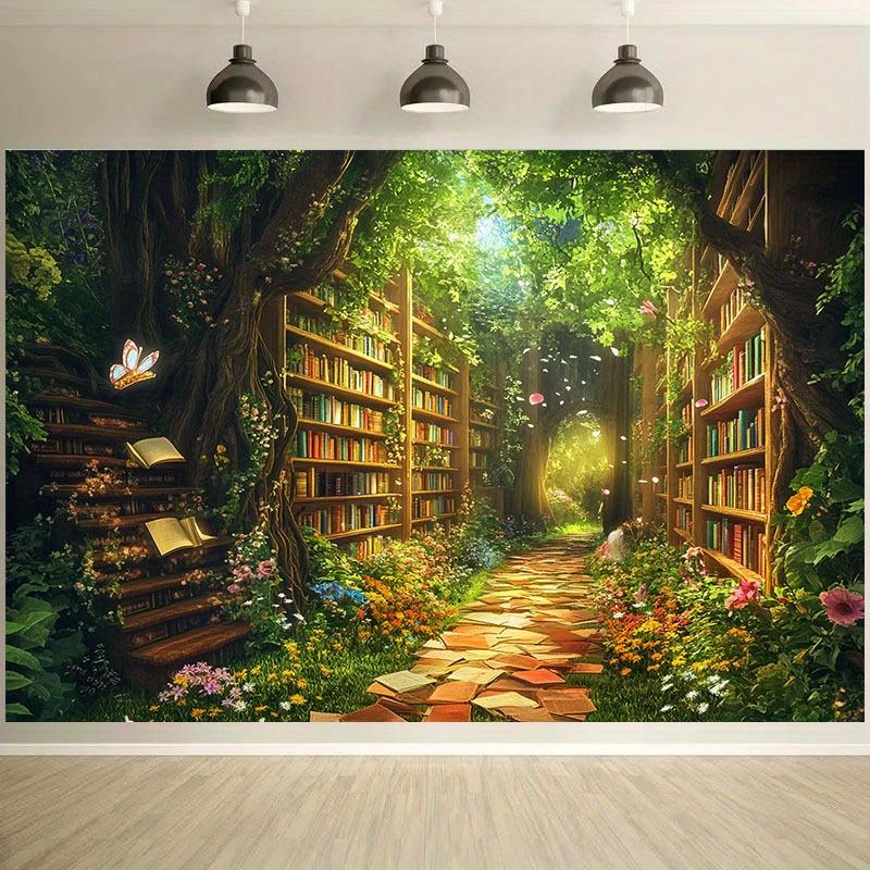 2D plane, 1 piece of background cloth "Embark on a magical journey through the forest library, experiencing nature and reading"