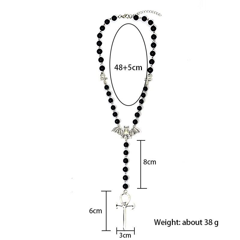 1pcs Vintage Necklace For Men And Women Vampire Beads Handmade Bent Pin Bat Rosary Cross Pendant