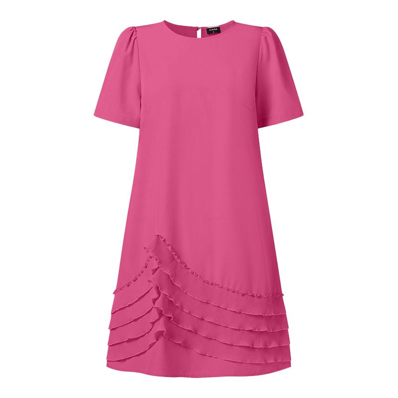 

VONDA Summer Women O Neck Short Sleeve Ruffled Layers Hem Thin Short Dresses 2XL ярко-розовый