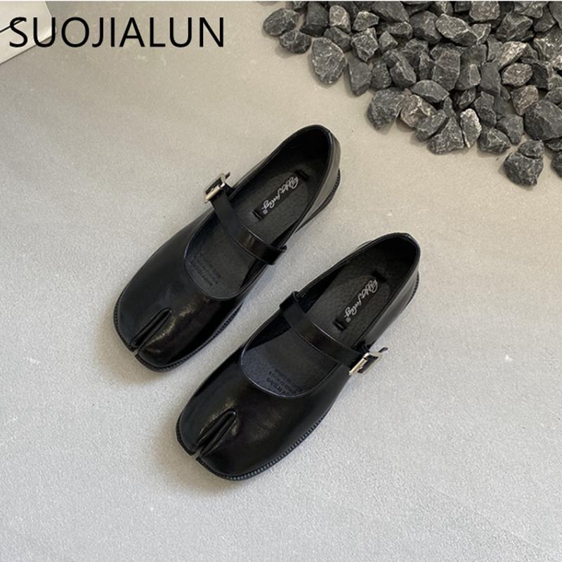 Fashion SUOJIALUN Spring New Brand Women Flat Shoes Fashion Split Toe Laofer Shoes Soft Flat Heel Ladies Casual Outdoor Mary Jane Shoes