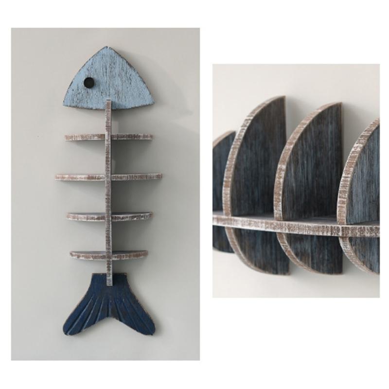 Farmhouses Blue Wood Fish Wall Art Hanging Shelf With Antique Finish For Lake House Study Bathroom Storage Organizers