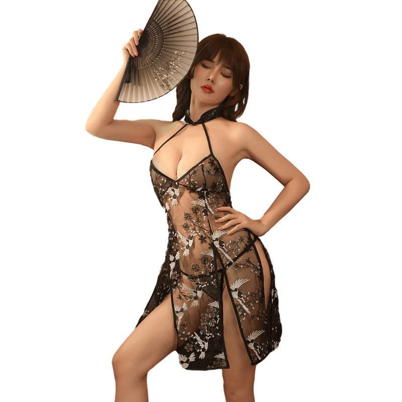 Sex underwear classical embroidery uniform pure desire temptation neck flower bird embroidery cheongsam split sexy