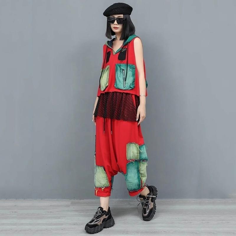 XITAO Patchwork Pocket Contrast Color Hooded Matching Set GYX1650