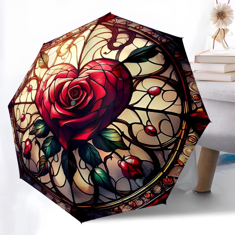 1PC Stained Rose Heart Automatic Open/close, All-Season Portable Folding Umbrella for Women & Men yy250919169