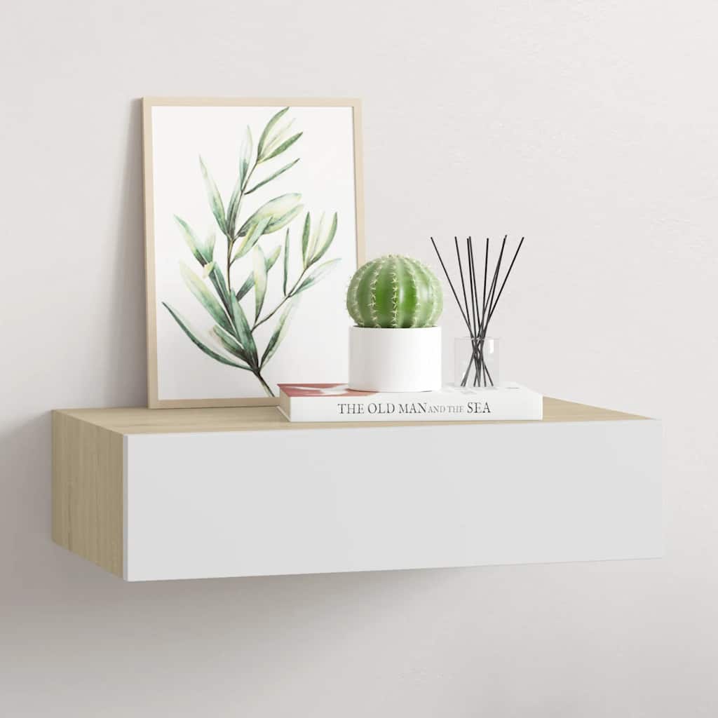 Vidaxl Półka Ścienna Z Szufladą, Dąb I Biel, 40 X 23,5 X 10 Cm, Mdf