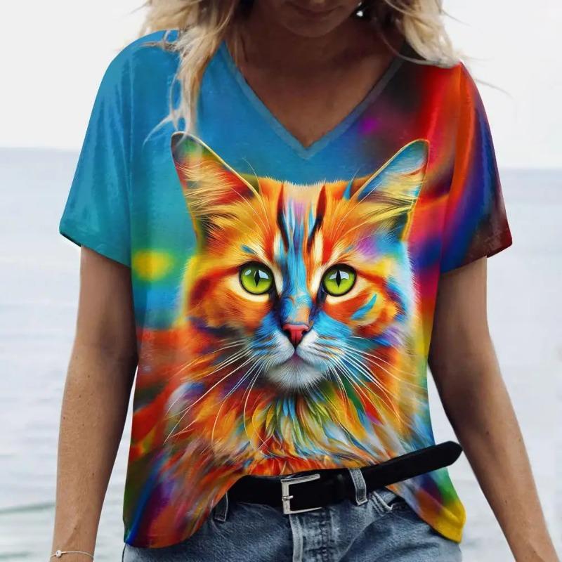 plus size 7XL Ladies' V-neck T-shirt 3D Printed Fashion Trend Bird Cat Dog Animal Print Short Sleeved Clothing Breathable Top T-Shirts Women’s