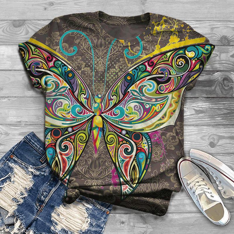 Summer Top Butterfly Series 3D Digital Printed Sports and Leisure Loose Women's Short Sleeved T-shirt