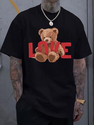 Love Bear Graphic Print Men's Luxury Cotton Short Sleeved T-shirt Summer Unisex Men's and Women's Street Fashion Clothing