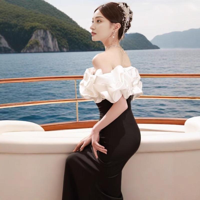 Elegant Black Evening Dress Annual Chorus Performance Host Dress Bridal Wedding Toast Dress Slim Slim Dress