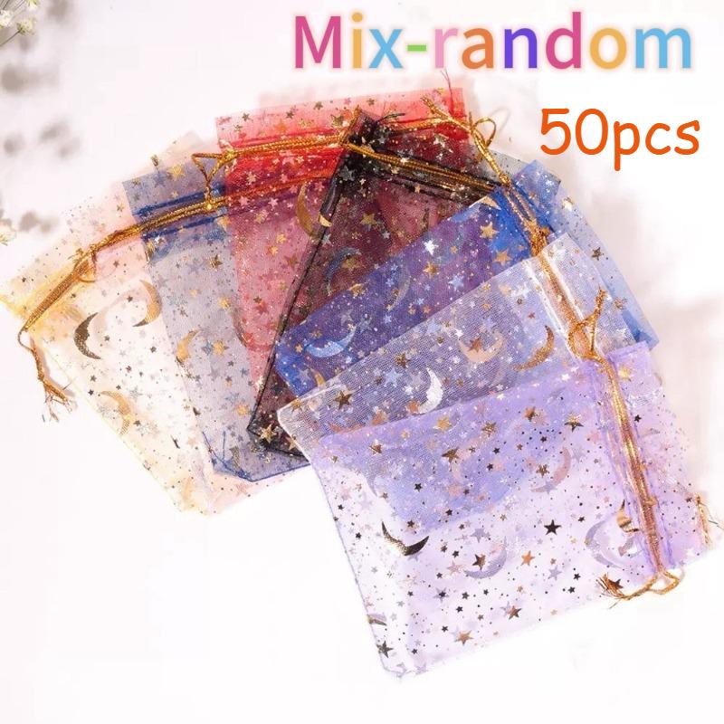 50-200pcs Moon Stars Drawstring Organza Bags Jewelry Gift Bags Pouches Gold Star Organza Favor Pouches for Christmas Wedding