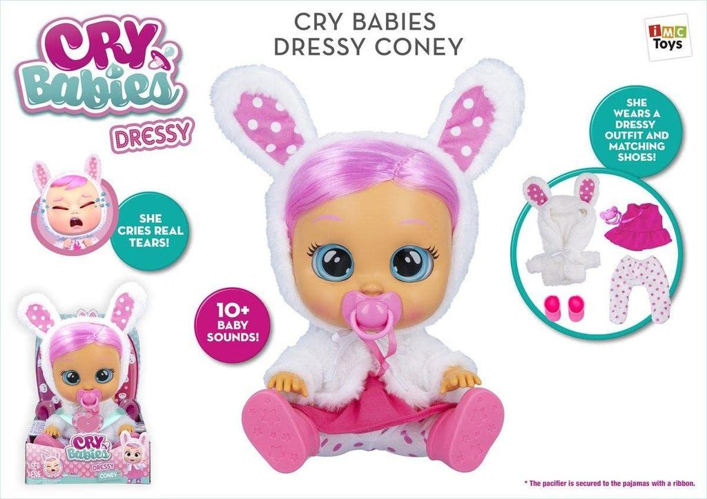 Cry Babies Dressy Coney - 12-inch Baby Doll | Pink Dress with Bunny-Themed White Fluffy Jacket