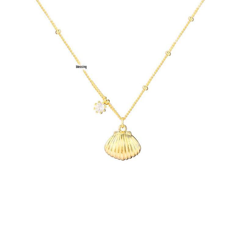 S925 Sterling Silver Christmas Scallop Necklace - Striped Shell & Bead Clavicle Chain, Korean Blogger Style