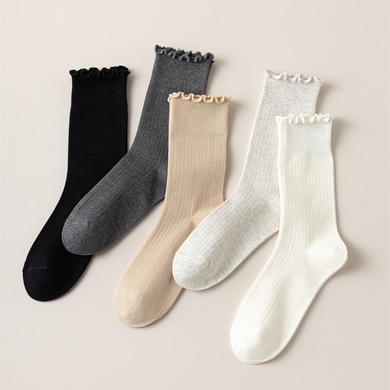 Spring/Summer Japanese Style Ruffle Ribbed Mid-Calf Breathable Maternity Cotton Socks.