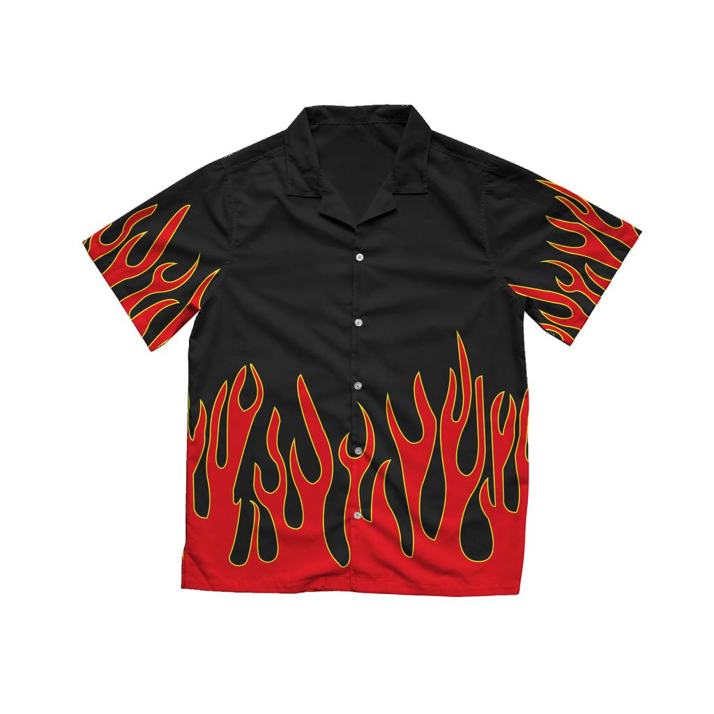 Camicia Hawaiana Fiamma Rossa con Bottoni Neri Camicie Popolare Stile Streetwear Moda Retrò Casual Manica Corta Abbigliamento Maschile Top