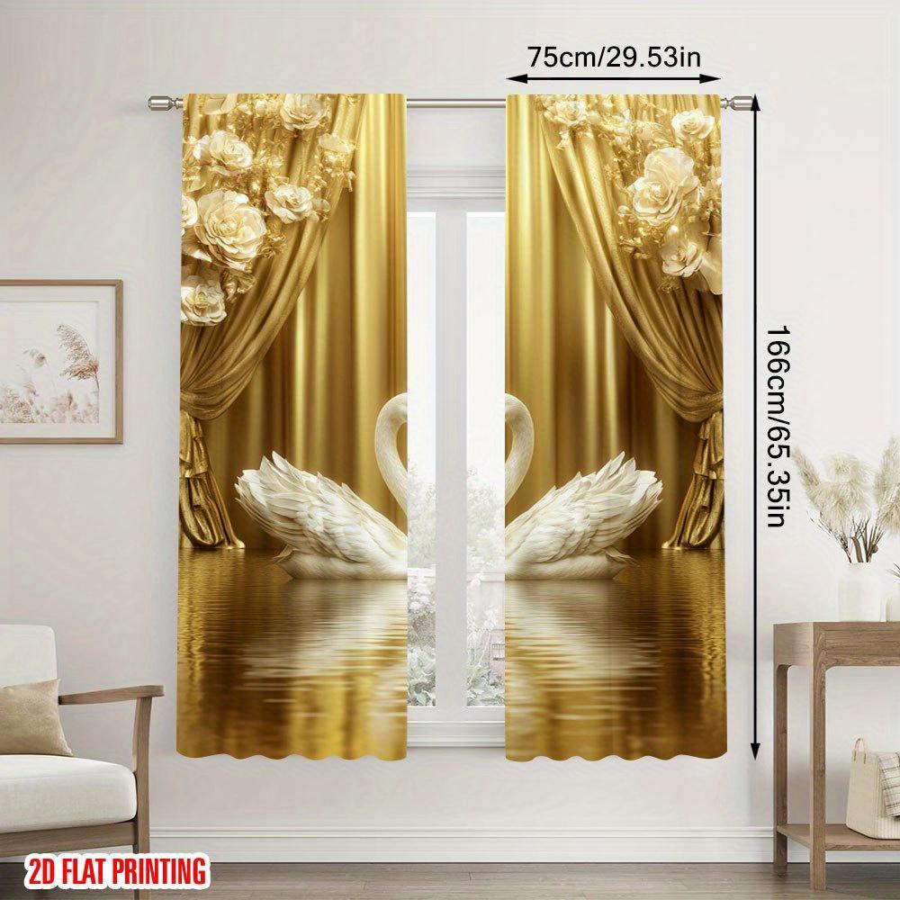 2pcs Elegant Gold Swan Print Curtains  for Study  Modern Bedroom   Stylish Living Room   Chic Kitchen   Spacious Balcony & Home Decor