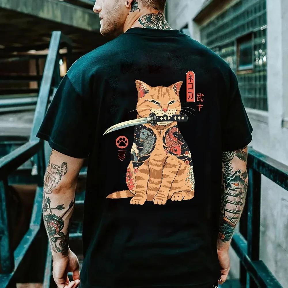 Summer 100% cotton cartoon anime Day clothing Samurai Cat Print T-shirt Men's Hip Hop retro casual o collar loose T-shirt