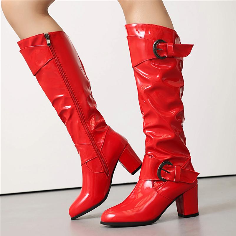Meotina Women Knee High Long Boots Round Toe Chunky High Heels Zipper Buckle Gogo Boots Ladies Fashion Shoes Winter Black 43