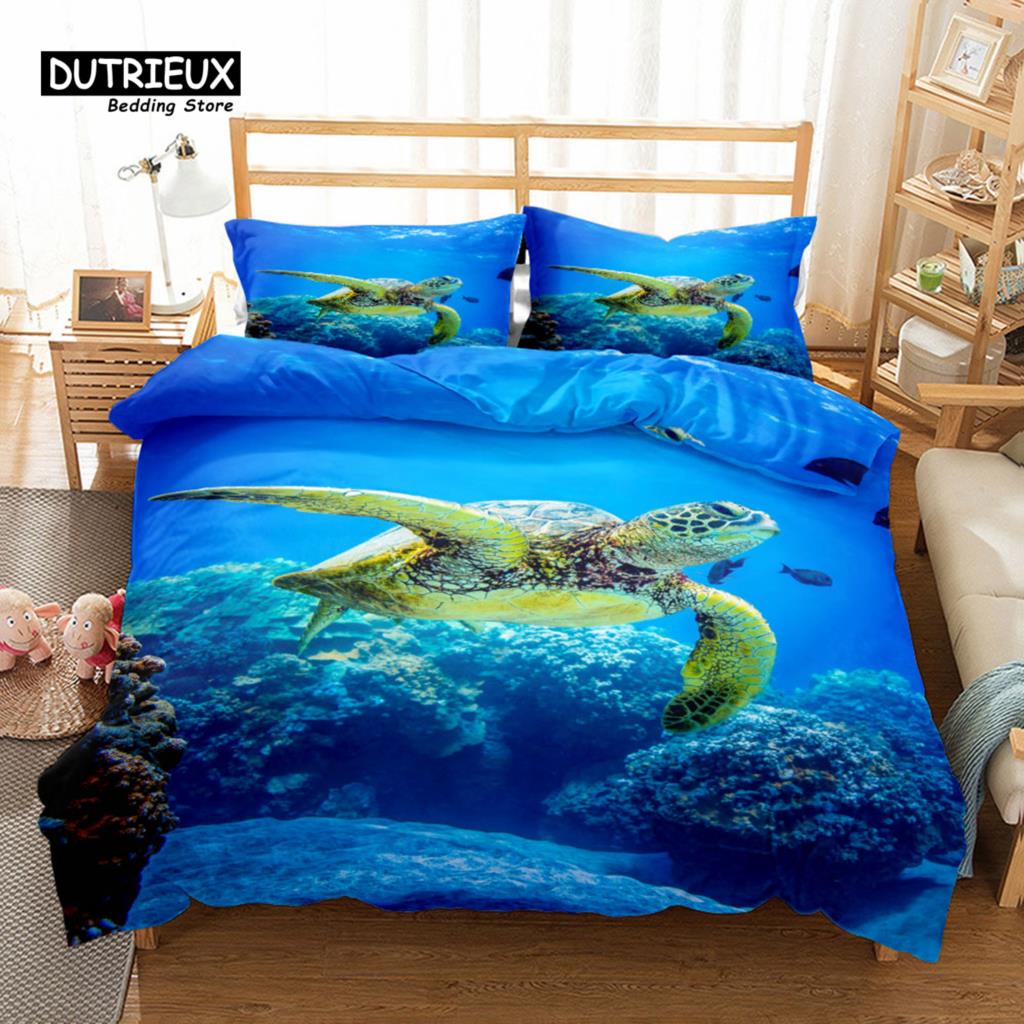 Marine Lives 3D Colorful Turtle Duvet Cover Set, Fashion Bedding Set, Soft Comfortable Breathable Duvet Cover