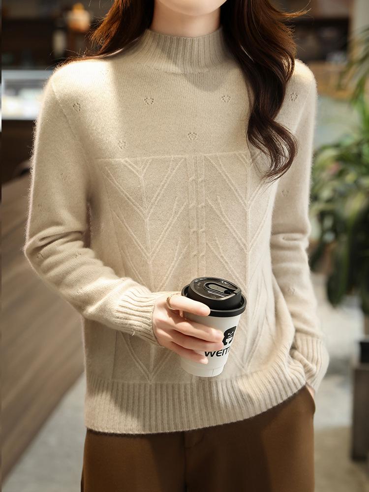 Fall/Winter Women's 100% Pure Wool Heart Jacquard High Neck Sweater Pullover