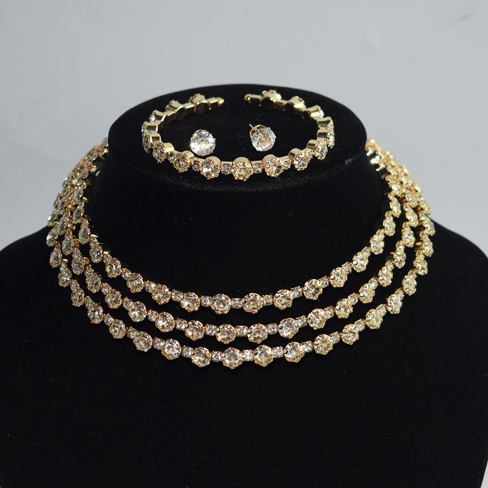 Gold & Silver Rhinestone Jewelry Set: Choker, Bracelet, Stud Earrings, & Necklace