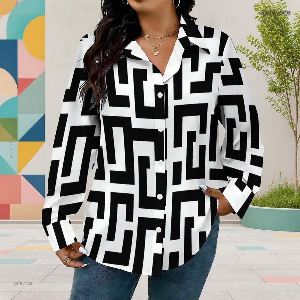 Women S Plus Size Black White Geometric Printed Collared Long Sleeve Button Front Curved Hem Shirt