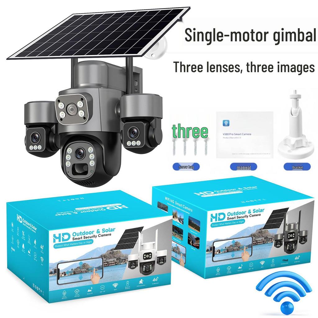 V380 4G Solar Camera with Three-Lens, Three-Axis Gimbal for Home Monitoring - Wireless, Low Power Battery.