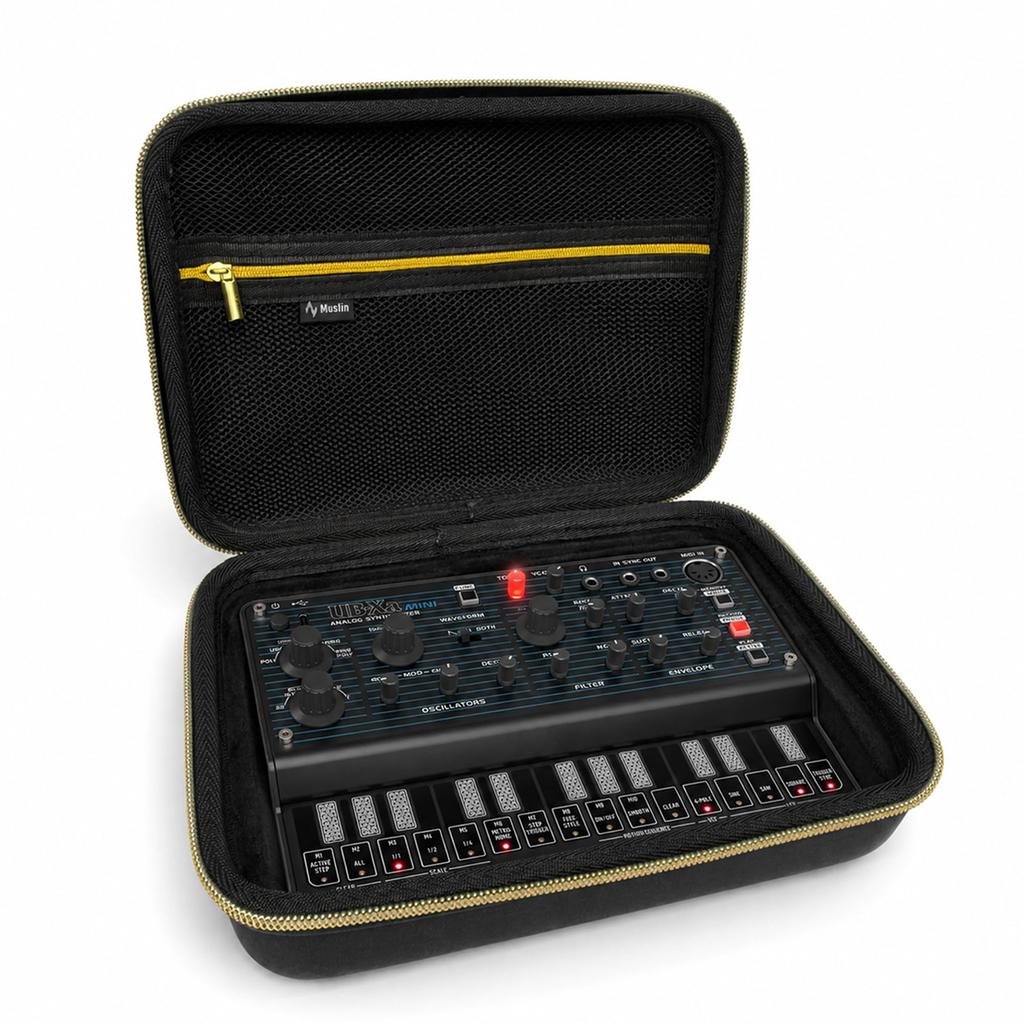 MUSIIN Analog Synthesizer Case for Behringer UB-xA Mini, with Mesh Pocket, Gold Zipper, and Handle, for Studio, Travel, and Stage Carrying (Gold Tone