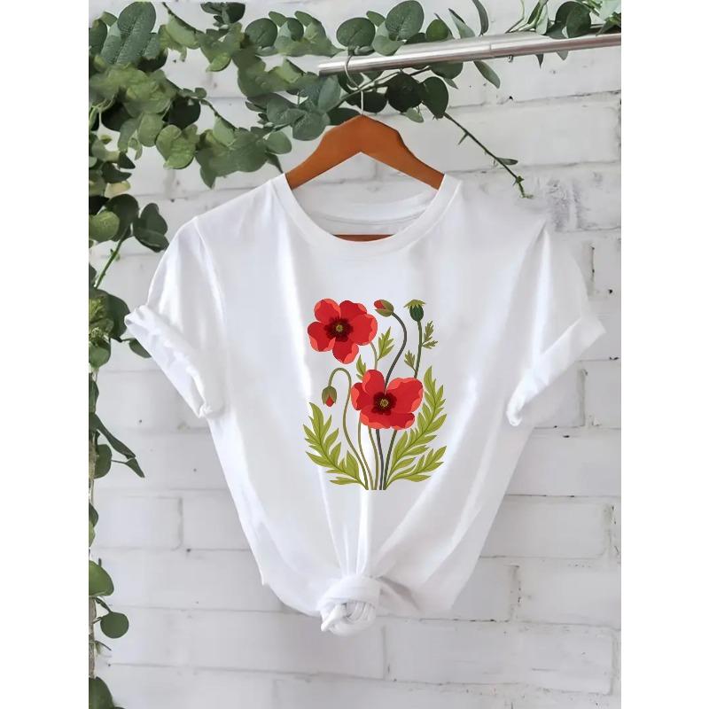 Women's Casual Short-sleeve Round-neck T-shirt with Red Floral Print - the Perfect Choice for Spring and Summer