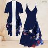 Women Plus Size Two Piece Set Short Sleeve Open Cardigan V Neck Strappy Flared Printed Dress Red Blue White