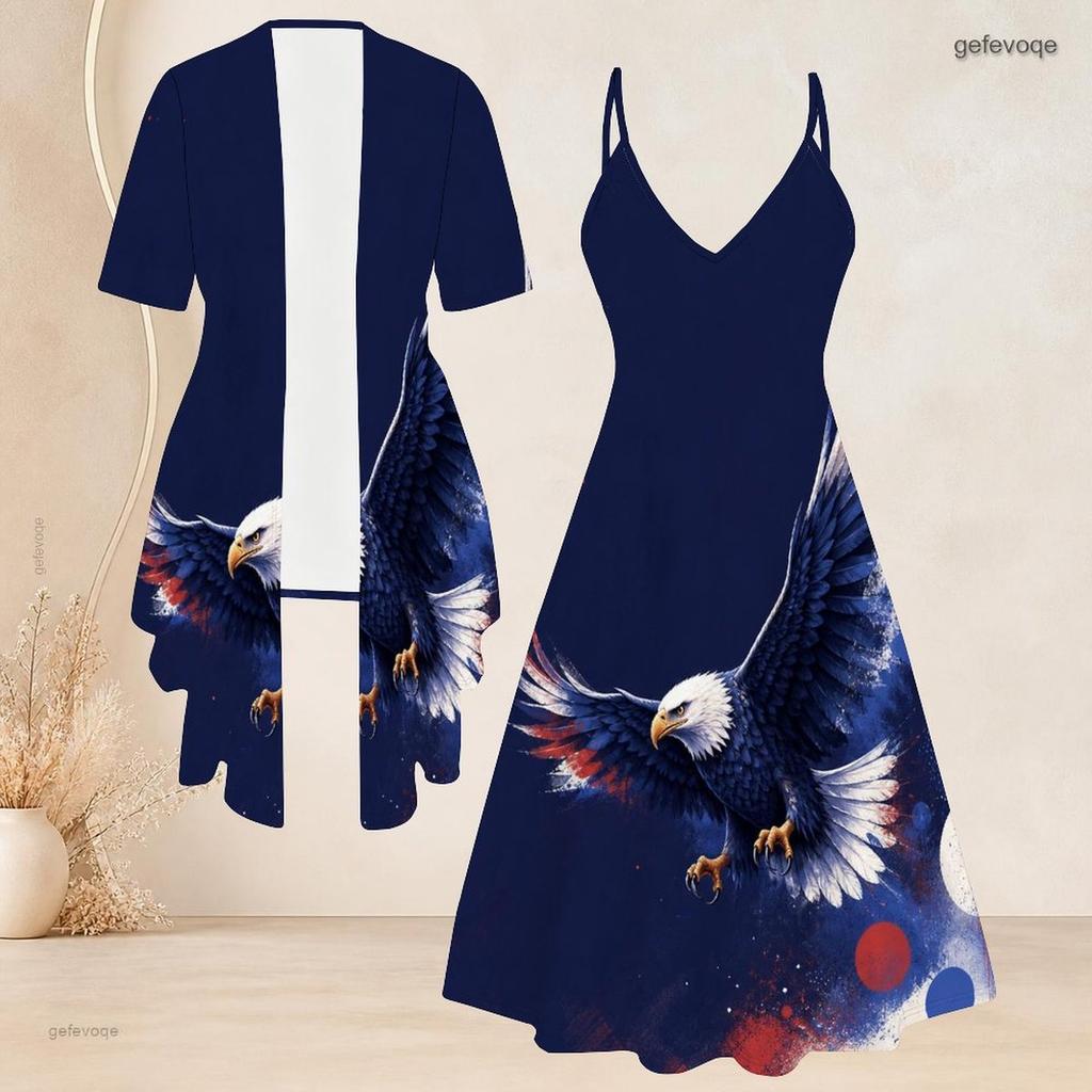 Women Plus Size Two Piece Set Short Sleeve Open Cardigan V Neck Strappy Flared Printed Dress Red Blue White