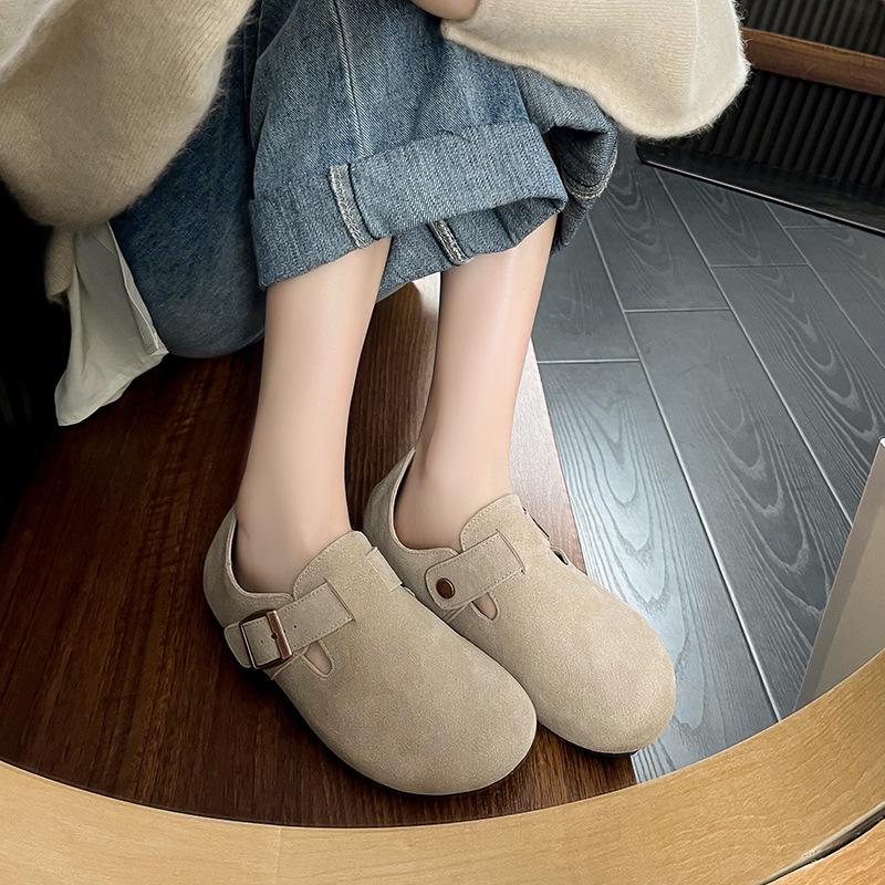 Frosted Soft Leather Single Shoes Women's Flat Bottom New Retro Literature and Art Students with Big Head and Velvet On One Foot