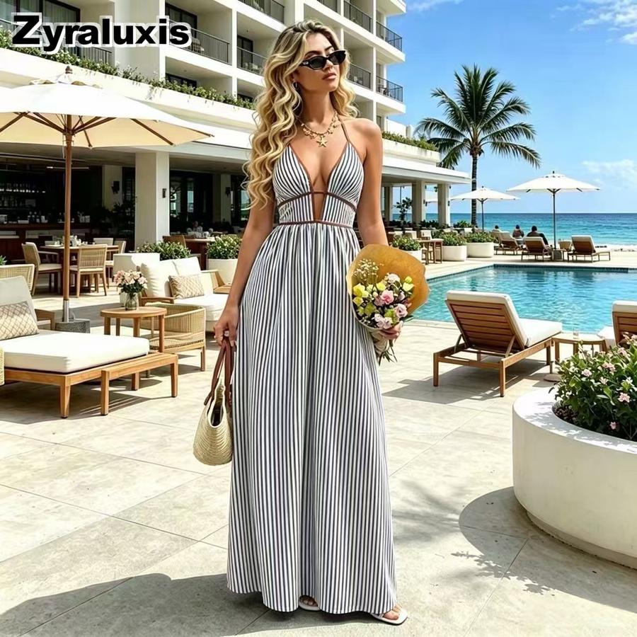 Novedades Vestido de Rayas con Cuello en V para Mujer - Rebajas Vestido Maxi sin Mangas