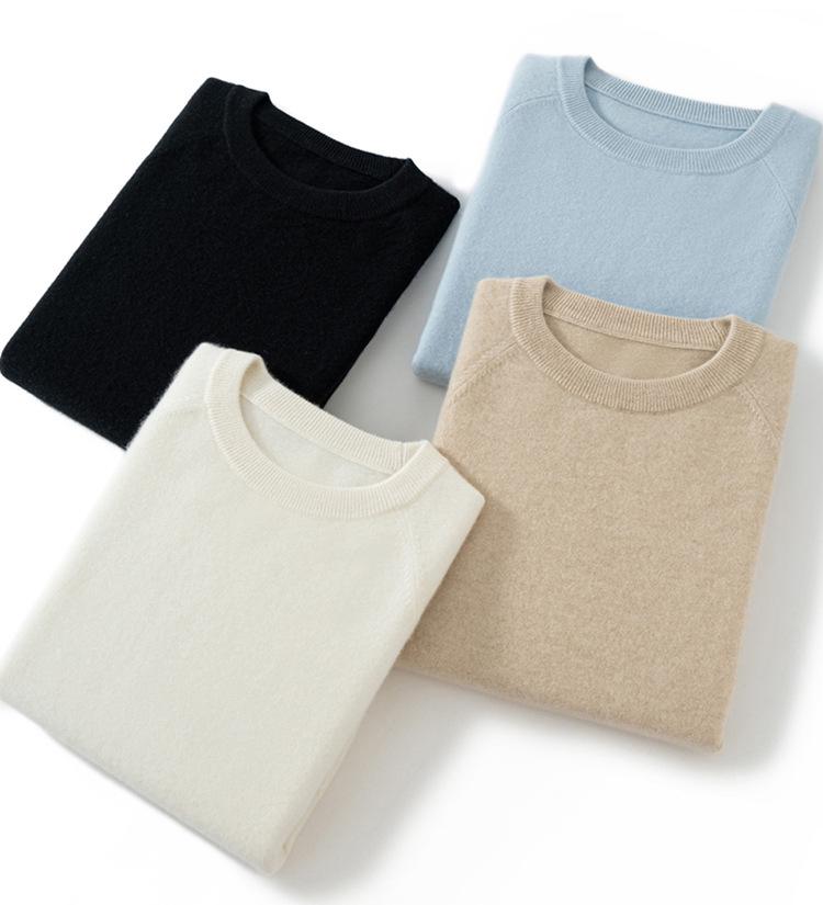 Women's 100% Cashmere Loose Knit Round Neck Sweater - Solid Color Basic Layer