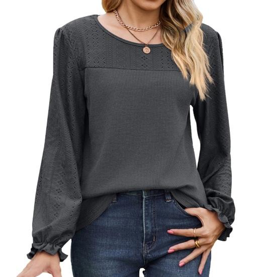 Tops de Mujer Cuello Redondo Manga Larga Abullonada Color Sólido Camiseta con Decoración Waffle Color Sólido Camiseta de Ajuste Holgado