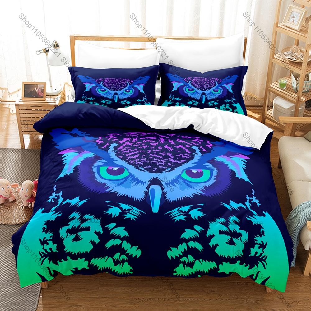 Cool Owl Minimalist Wildlife Nocturnal Bird Vintage Cartoon Animal Art HD Print Bedding Set Duvet Cover + 2 Pillowcases Animal