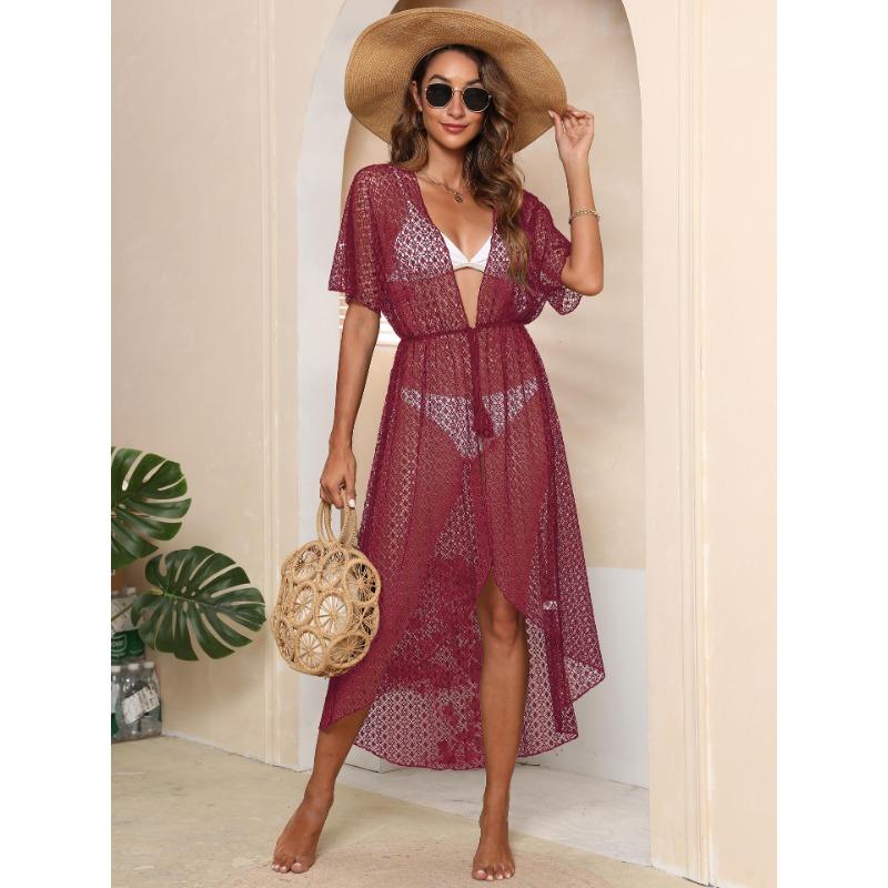 Women's Cover-up Seaside Holiday Beach Cardigan Plus Size Irregular Tie Sexy See-through Lace Shirt