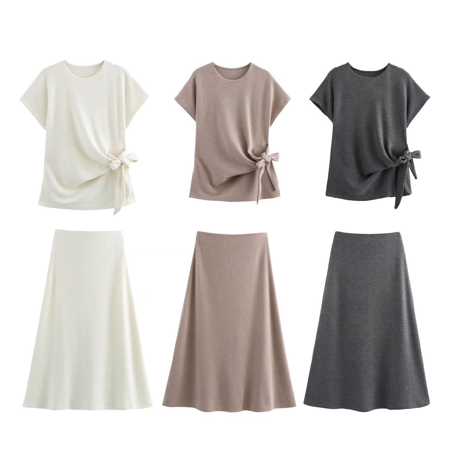 

2025 Spring European & American Women s Embellished Soft Top + Midi Skirt Set Large