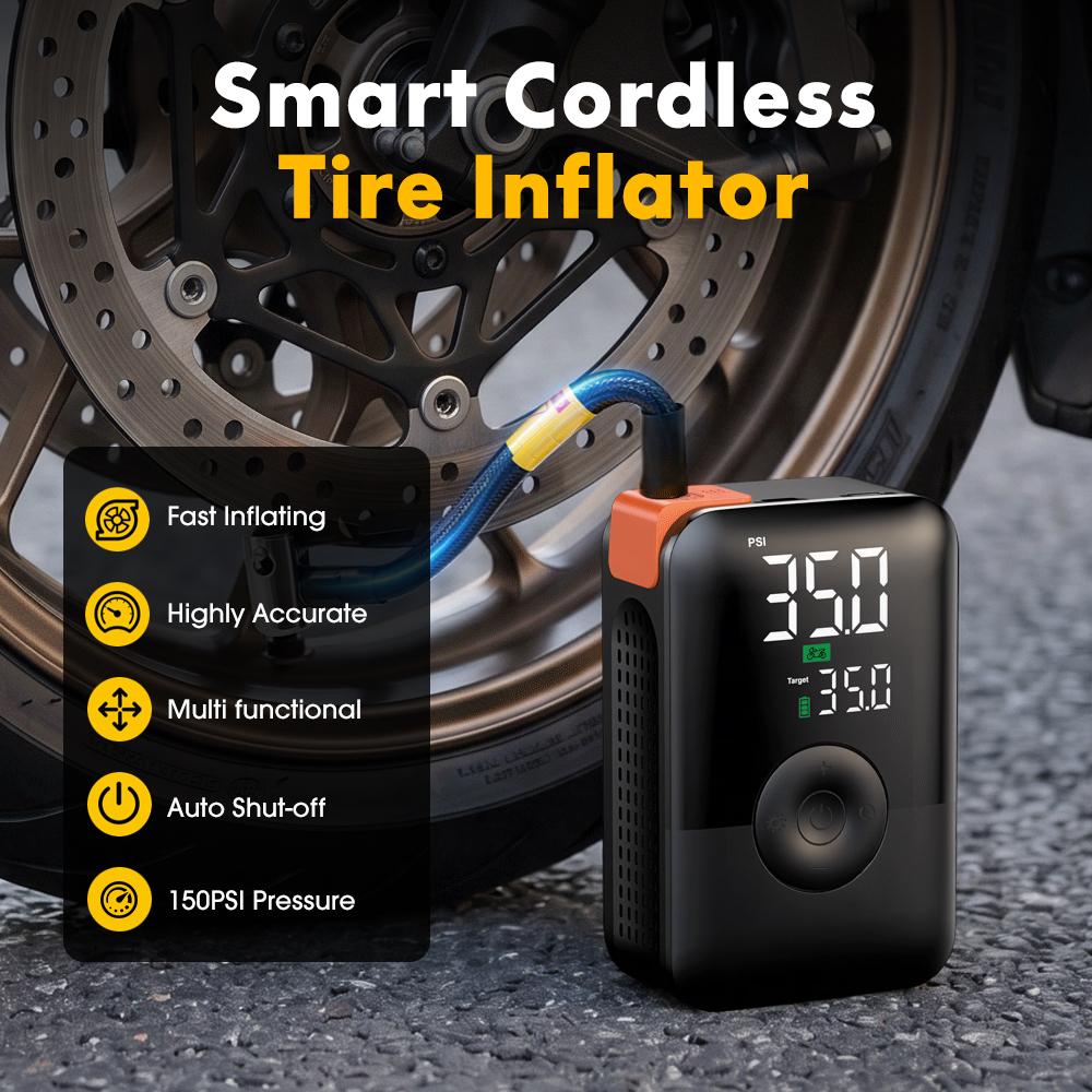 Portable Air Compressor 150PSI Cordless Tire Inflator Digital Pump Fast Inflation Auto Shut-off LED CE for Car Motorcycle Balls