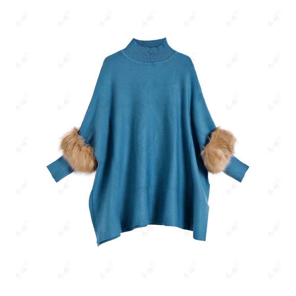 Autumn and Winter Loose Turtleneck Pullover Cape Knitted Sweater Simulation Fur Fur Sleeve Sweater Large Size Bottoming Shirt Jacket Women