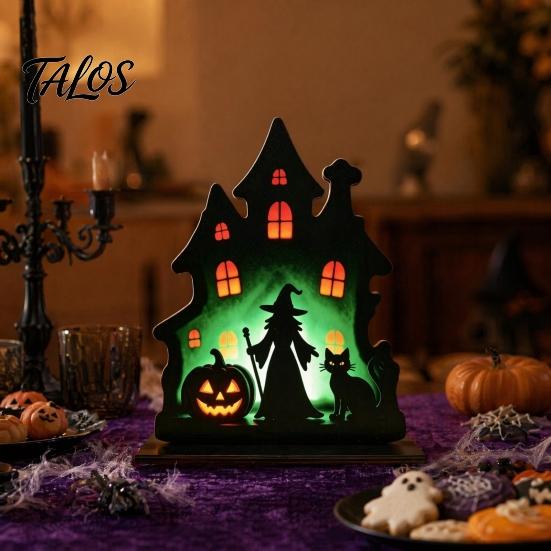Talos Witch Wooden Table Centerpiece, Spooky Castle Black Cat Standing Tabletop Ornament for Halloween Party, Desk Tiered Tray Decor