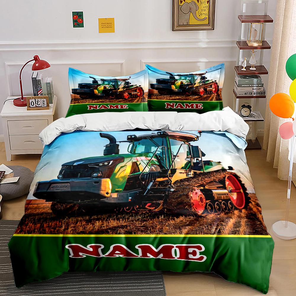 Name Customized Tractor Printed 3PC Quilt Cover Pillowcase Bedding Set Children Adult Comfortable Bedding Set Luxury Gift