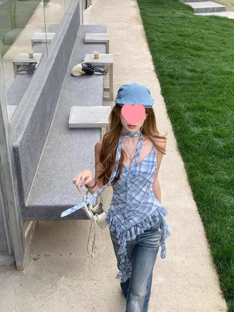 Korean Chic Plaid Camisole with Ruffles and Ribbons – Women's Sleeveless Summer Top