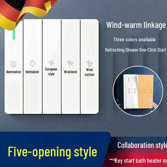 Germany Type 86 Five-in-One Bathroom Fan Heater Switch Panel with Four-Gang and Five-Gang Options