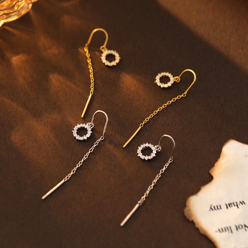 925 Sterling Silver Korejské Geometrické Zirkonové Visací Náušnice s Kruhovými Třásněmi pro Ženy Temperamentní Šperky
