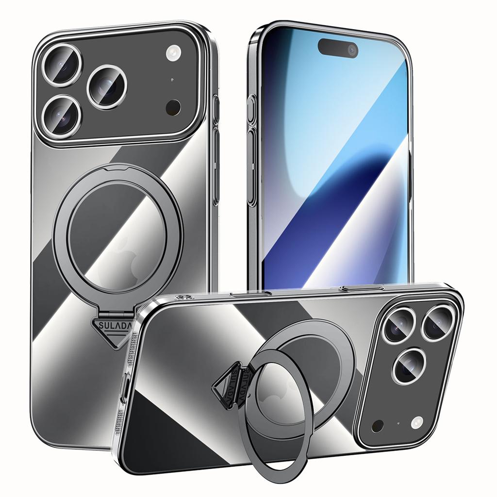 SULADA For iPhone 17 Pro Case Compatible with MagSafe Electroplated Foldable Kickstand Clear PC Phone Cover