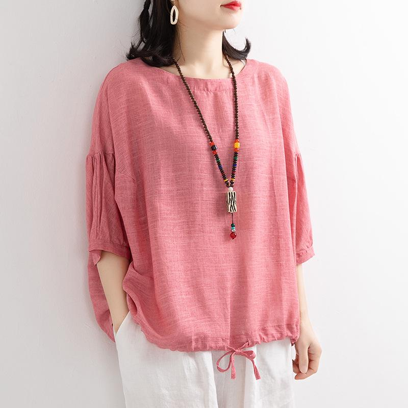 

Свободная повседневная футболка большого размера, женская футболка летучая мышь, подол, завязка на шнурке, круглый вырез, рукава средней длины, пуловер, топ 4XL розовый