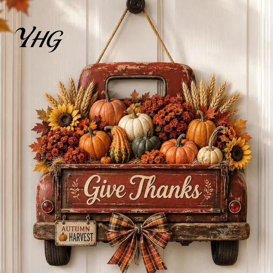 Thanksgiving Farmhouse Wall Decoration Harvest Pumpkin Truck Hanging Sign for Front Door, Wooden Fall Door with Decorative Holiday Plaque Hemp
