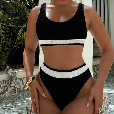 Women Swimwear Splicing Ribbed High Cut Female Swimsuit High Waist Bikini Two-Pieces Bikini Set Bather Bathing Suit Swim