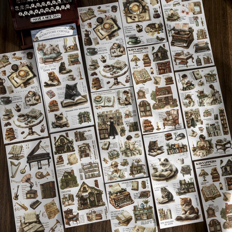 2Sheets/Bag Bookstore Corner Landscape Transfer Stickers for Scrap Books Handmade Art Handbooks Phone Cases Notebook Decoration