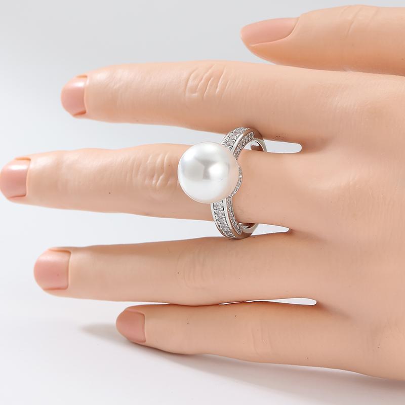 Aesthetic Inlaid White CZ Imitation Pearl Women's Ring Sparkling CopperColor Geometry Daily Wear Party Jewelry Anniversary Gift